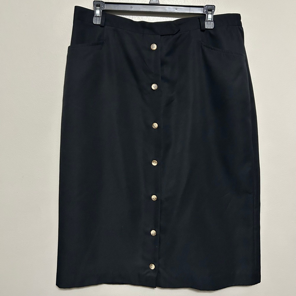 Talbots Button Front Skirt Sz 16 Black Midi Pocket Elastic Waist Academia Office